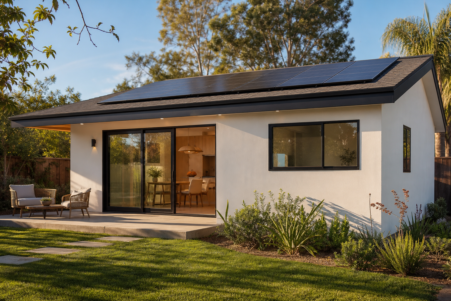 Energy efficient ADU construction CA exterior with solar panels and high-performance windows