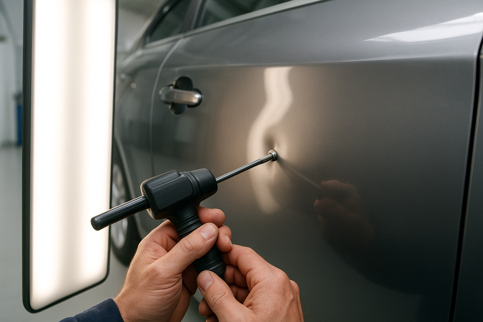 Technician performing minor auto body repair using paintless dent repair tool on a car door