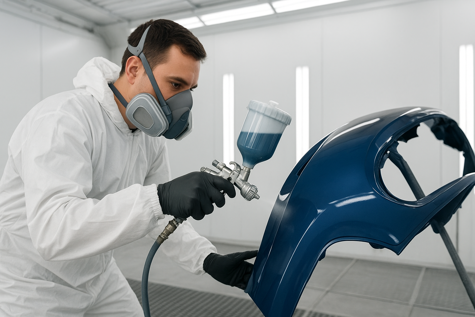 Auto body technician respraying a bumper in a professional paint booth for a factory-quality scuff repair finish