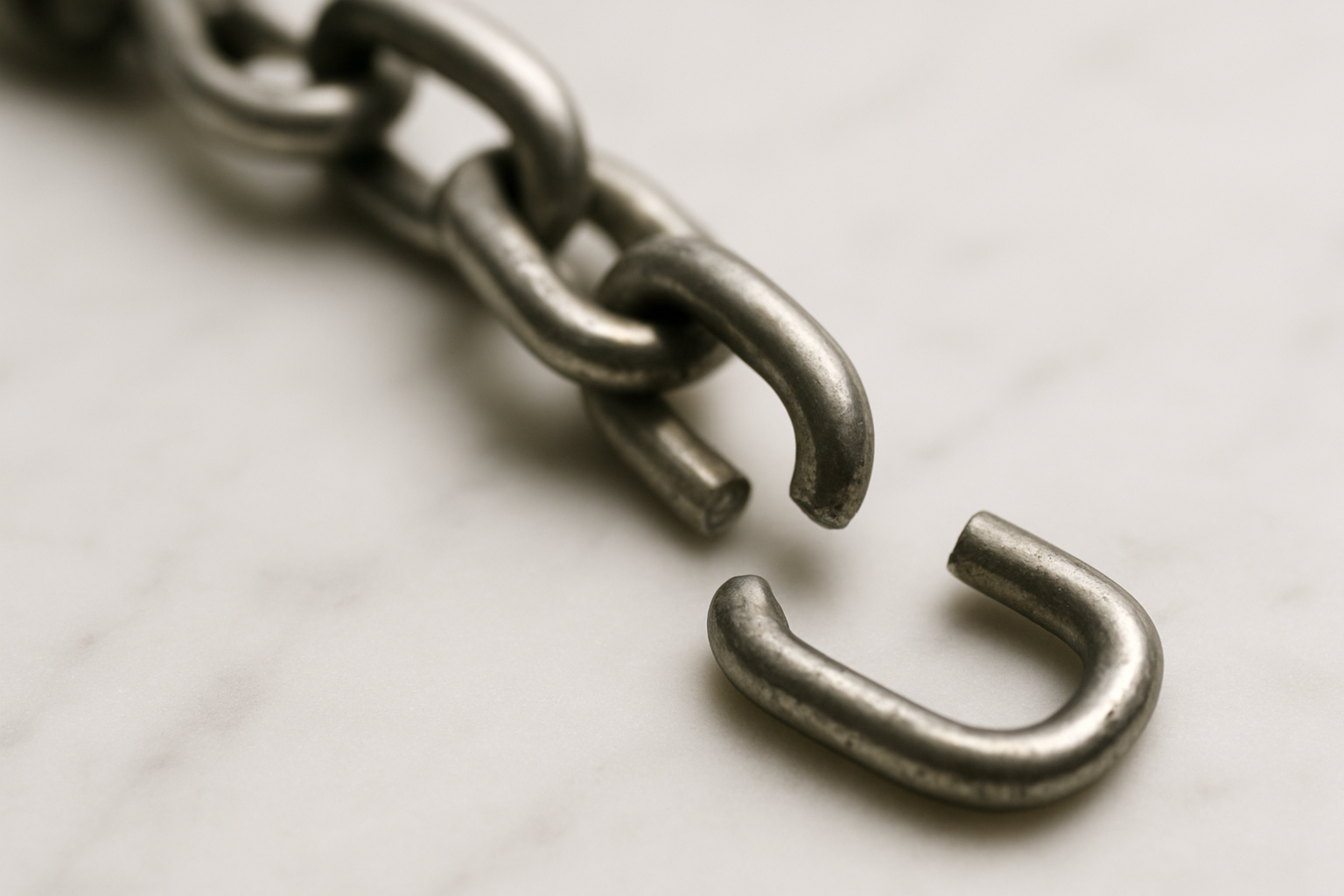 A single broken chain link on white marble representing a bad link disconnected from a website chain