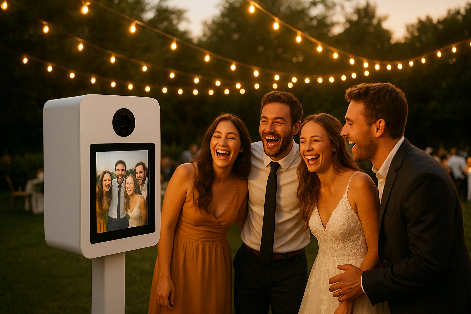 Guests using a flexible pickup photo booth rental during an outdoor wedding reception