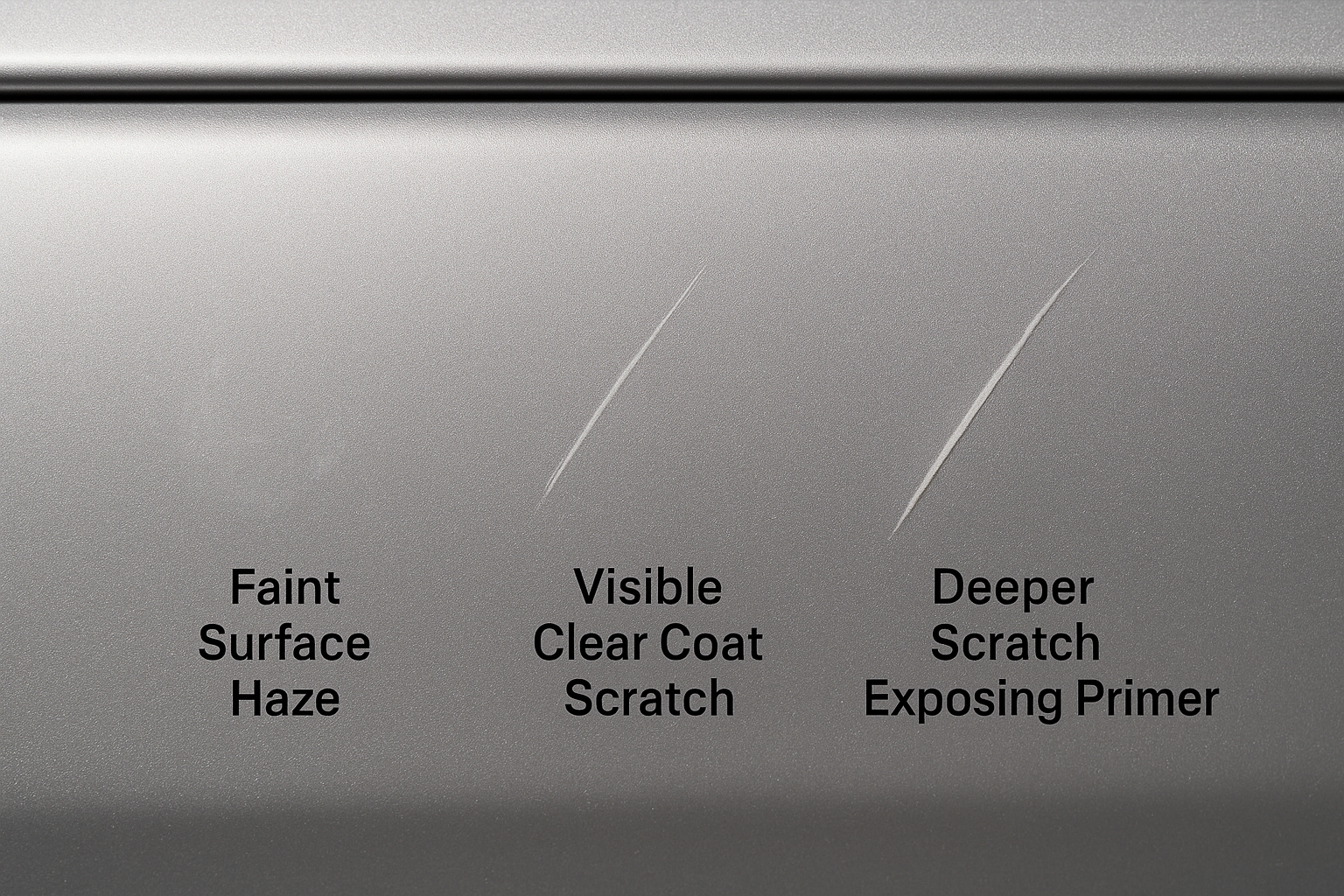 Three types of car scratches on a silver panel showing what scratches can be buffed out versus deeper damage