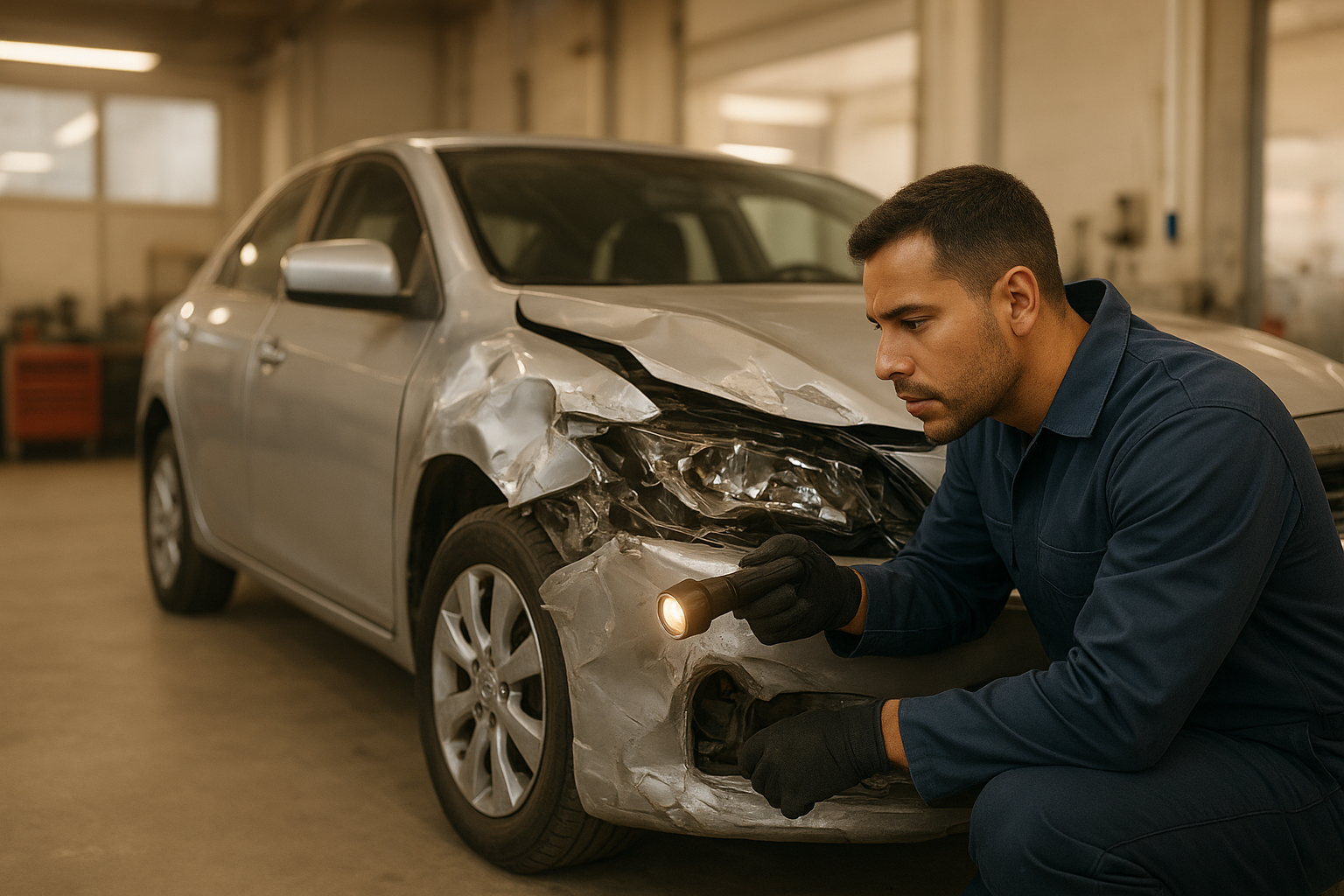 Auto body technician inspecting collision damage on a silver sedan during collision repair in Brea CA