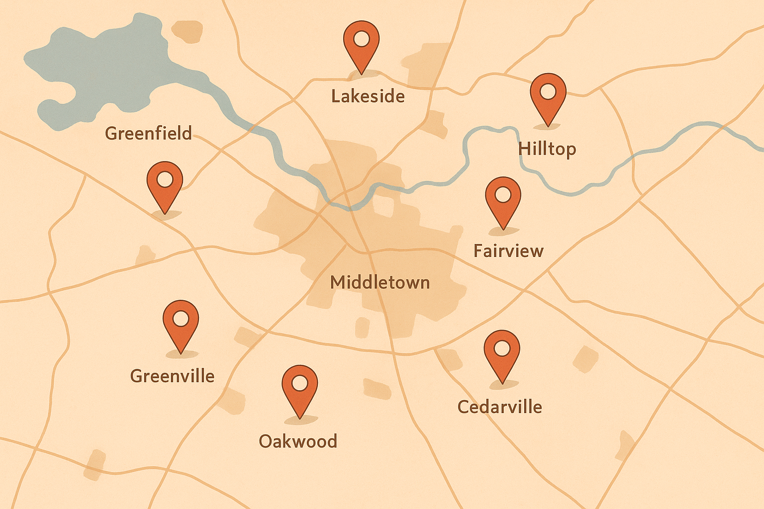 Map illustration showing photo booth delivery Tri-State region coverage across small towns and cities