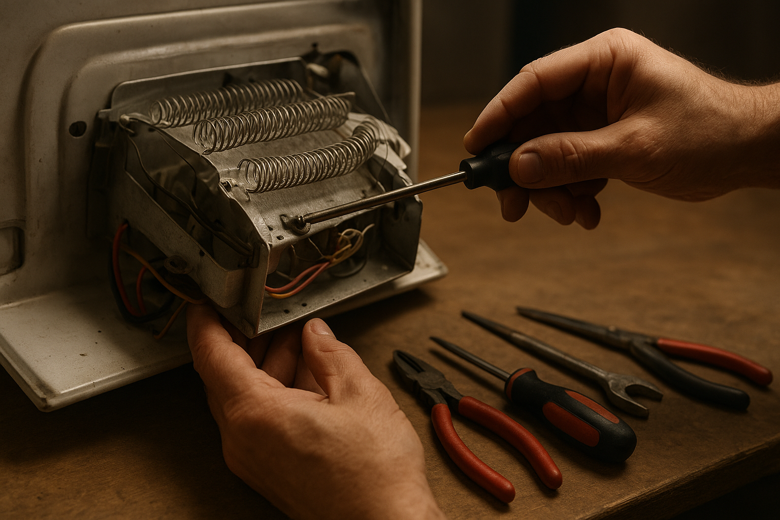Technician repairing a dryer heating element during an in-home appliance service call
