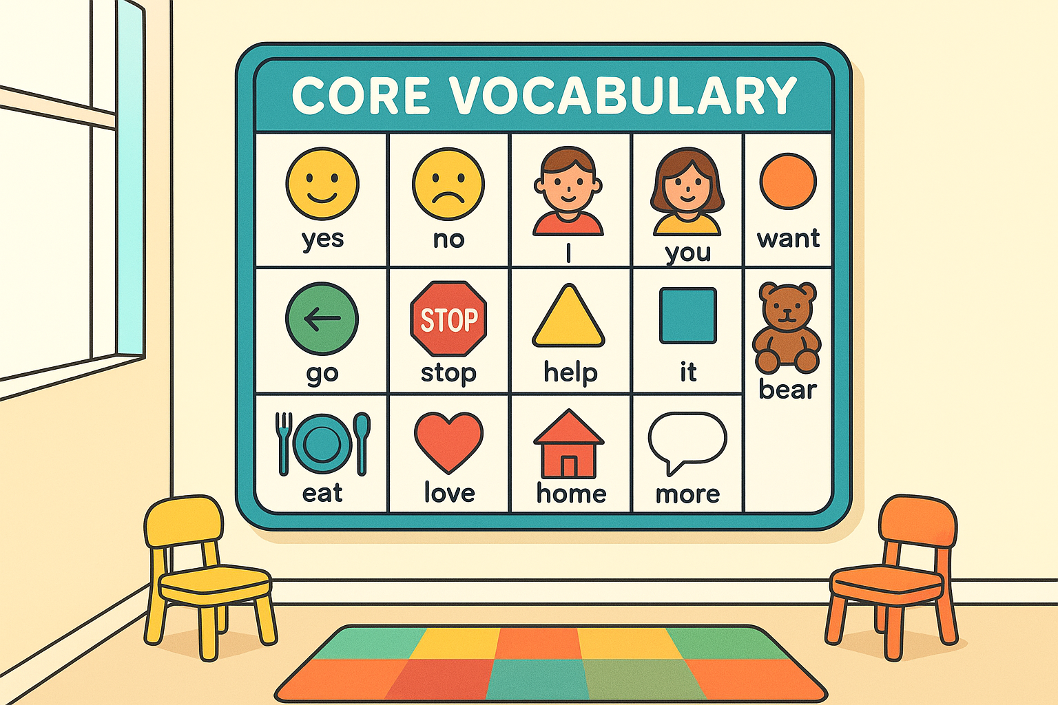 Classroom core vocabulary board used alongside core word books