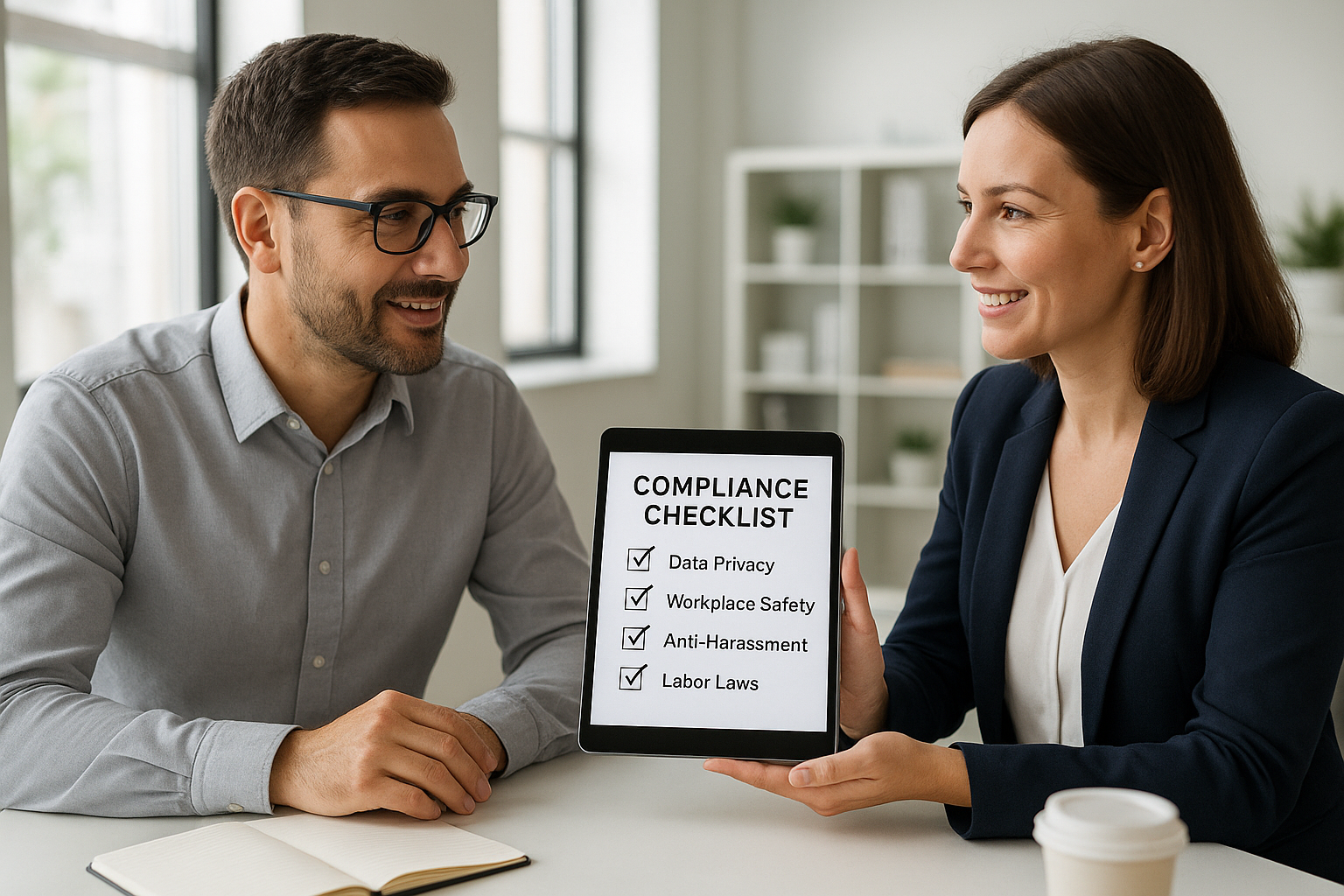 HR consultant explaining company HR policies compliance checklist to a business owner