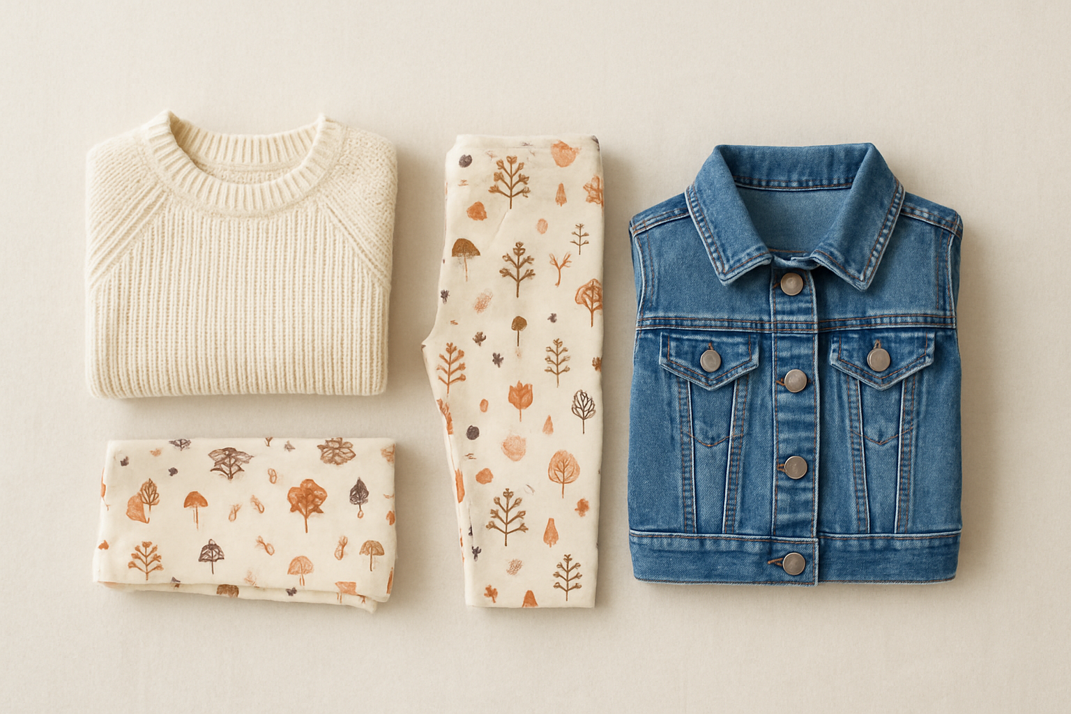 Flat lay of curated children's clothing items included in a seasonal rental box subscription