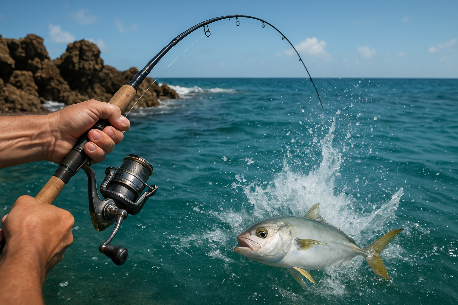 Angler fighting a king mackerel during a nearshore fishing charter near Calabash NC