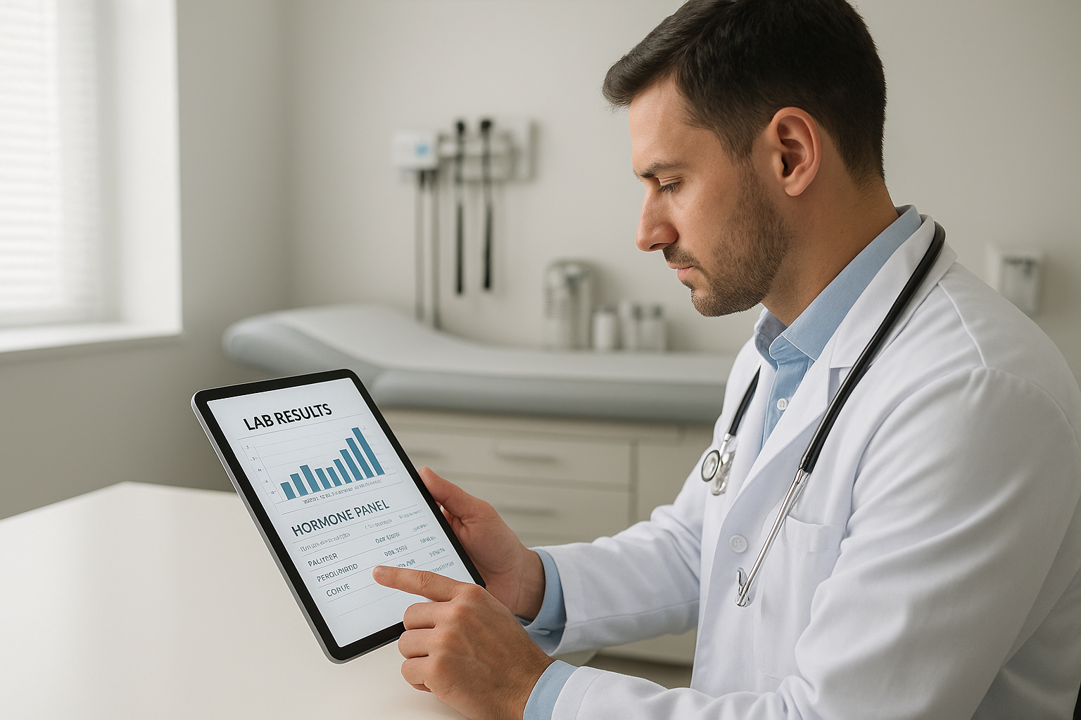 Physician reviewing hormone therapy side effects and lab results with a patient in a modern clinic