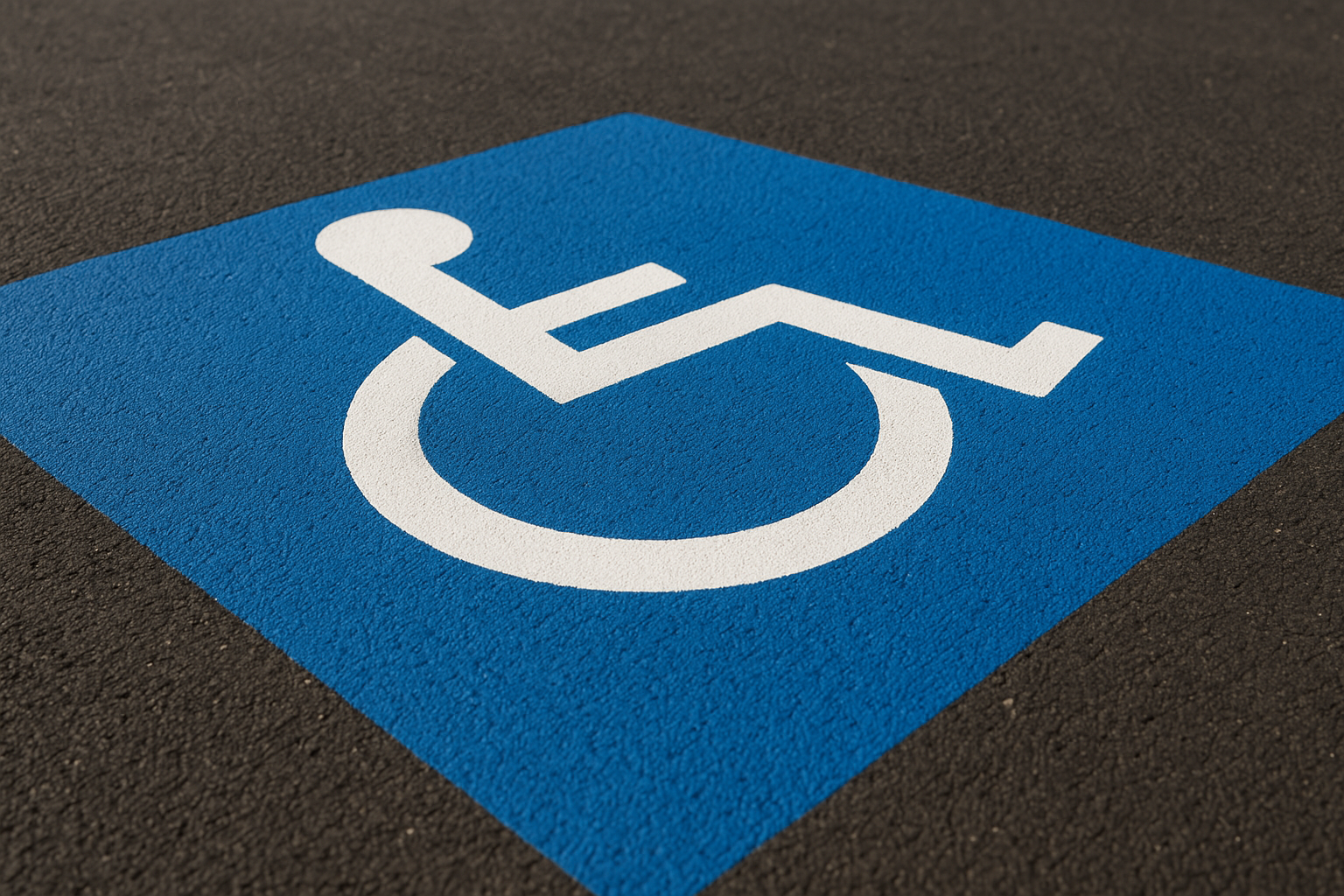 Close-up of freshly painted ADA handicap parking lot striping symbol on asphalt in Frisco Texas showing access aisle and ISA symbol