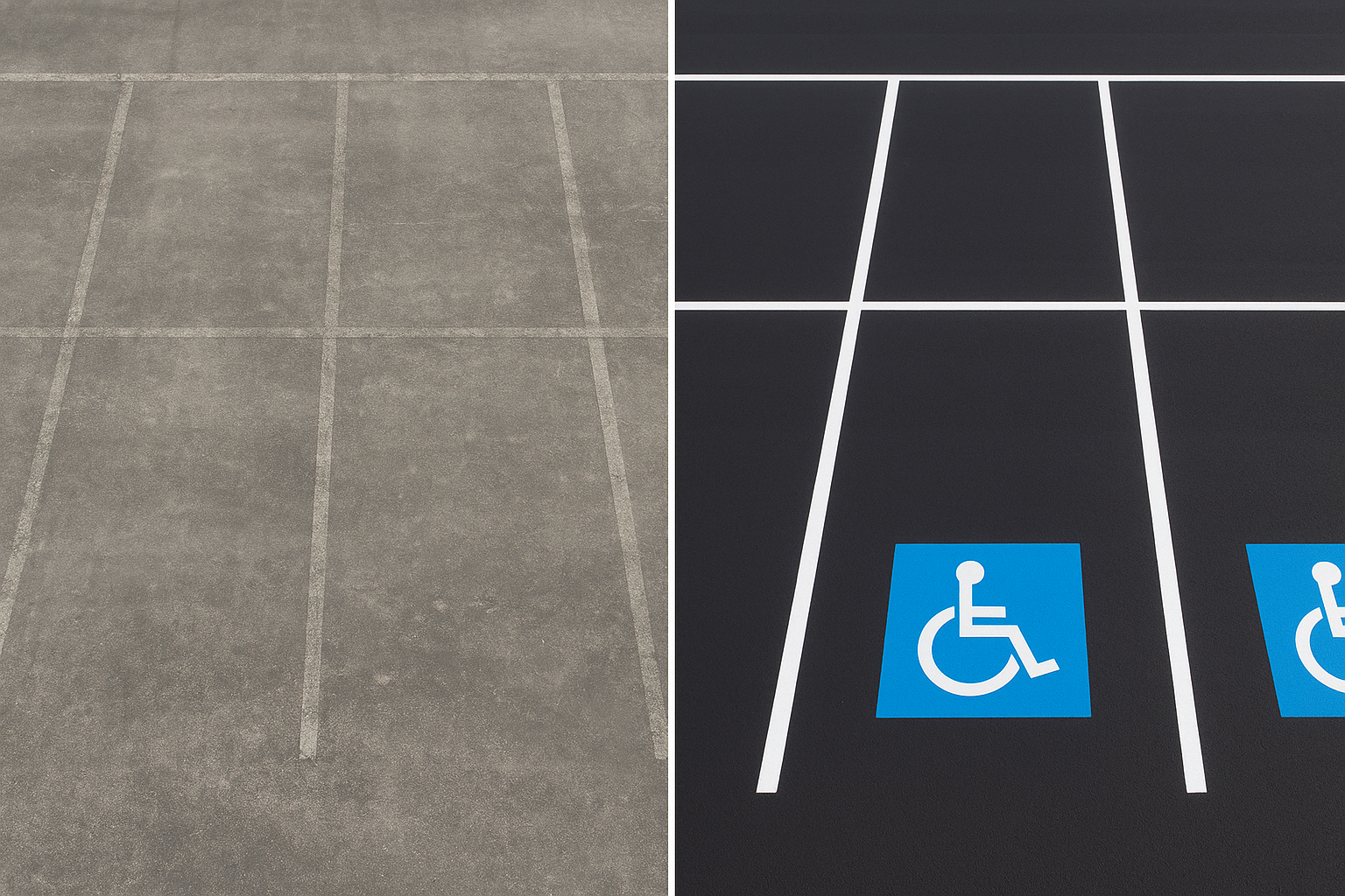 Before and after comparison of faded parking lot markings versus fresh professional restriping