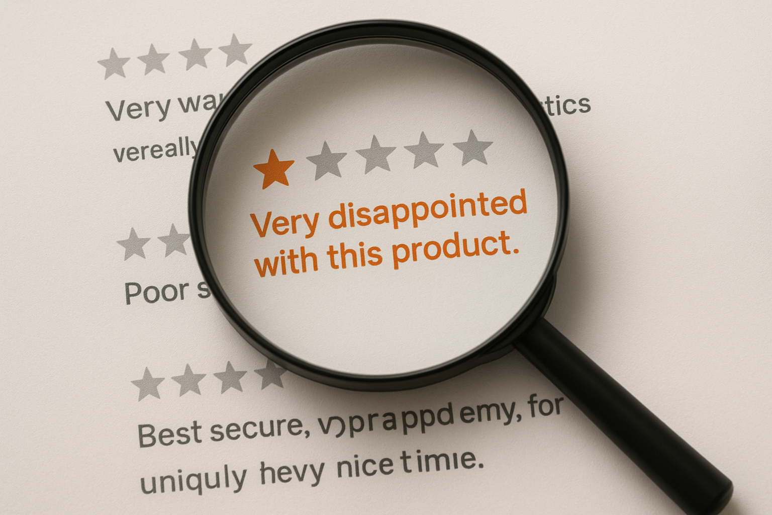 Magnifying glass highlighting a negative star review buried inside dozens of five-star reviews