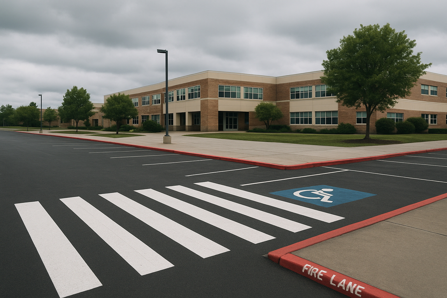 School parking lot with ADA accessible symbol and red fire lane marking after maintenance work
