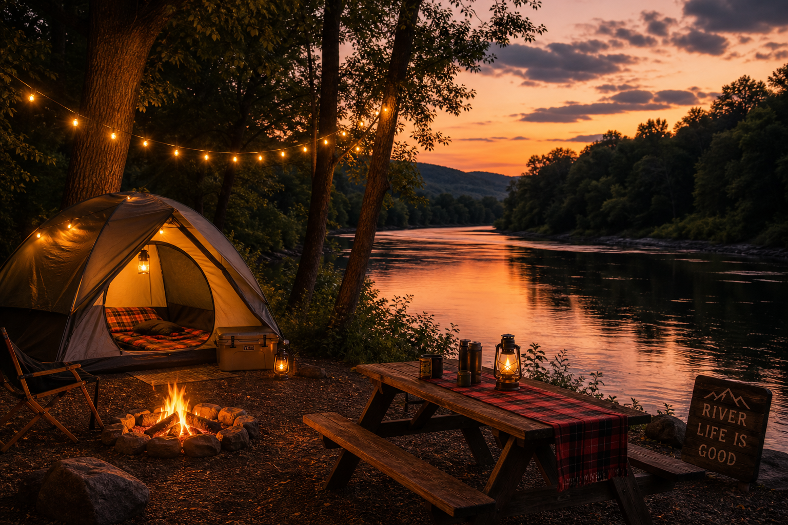 Riverfront campsite with tent and picnic table beside the Buffalo River at dusk