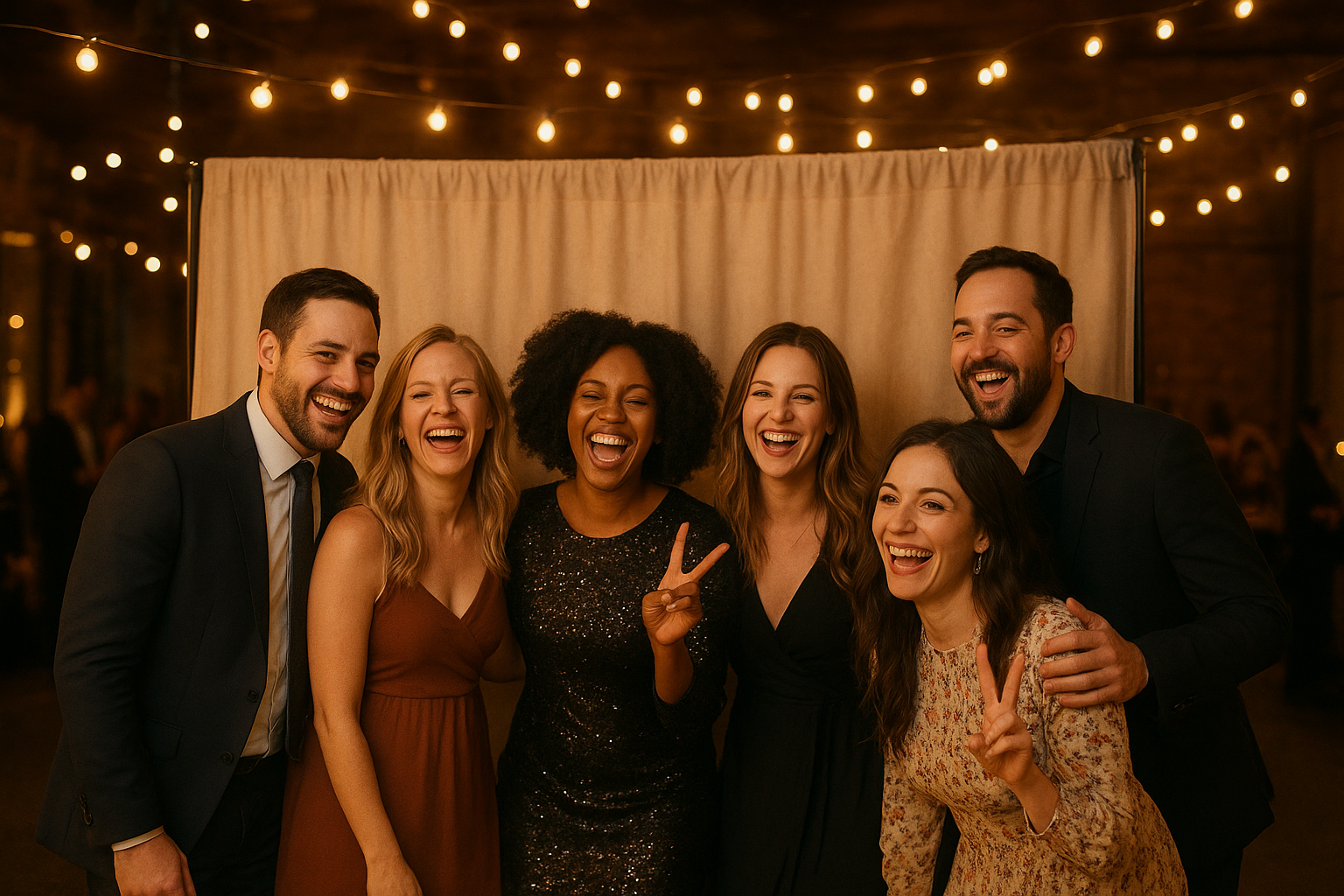 Guests posing at a digital photo booth rental 11am to 11pm during an evening reception