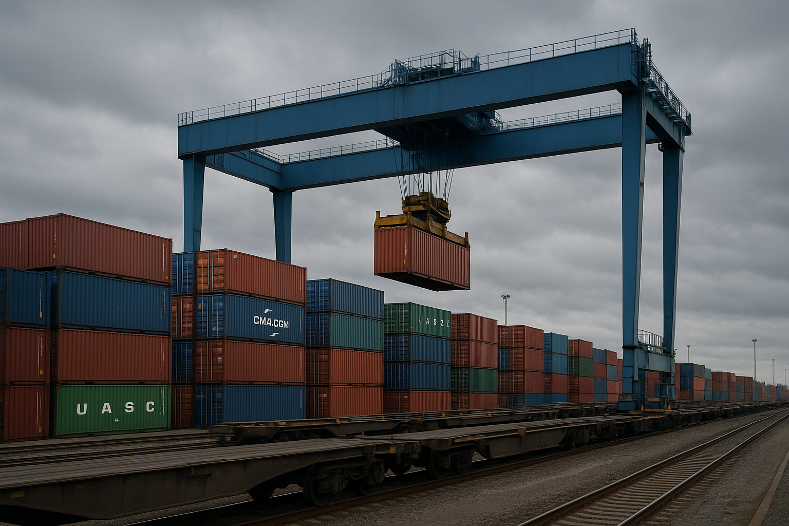 Intermodal rail yard transferring containers from cosco shipping vessels onto rail cars