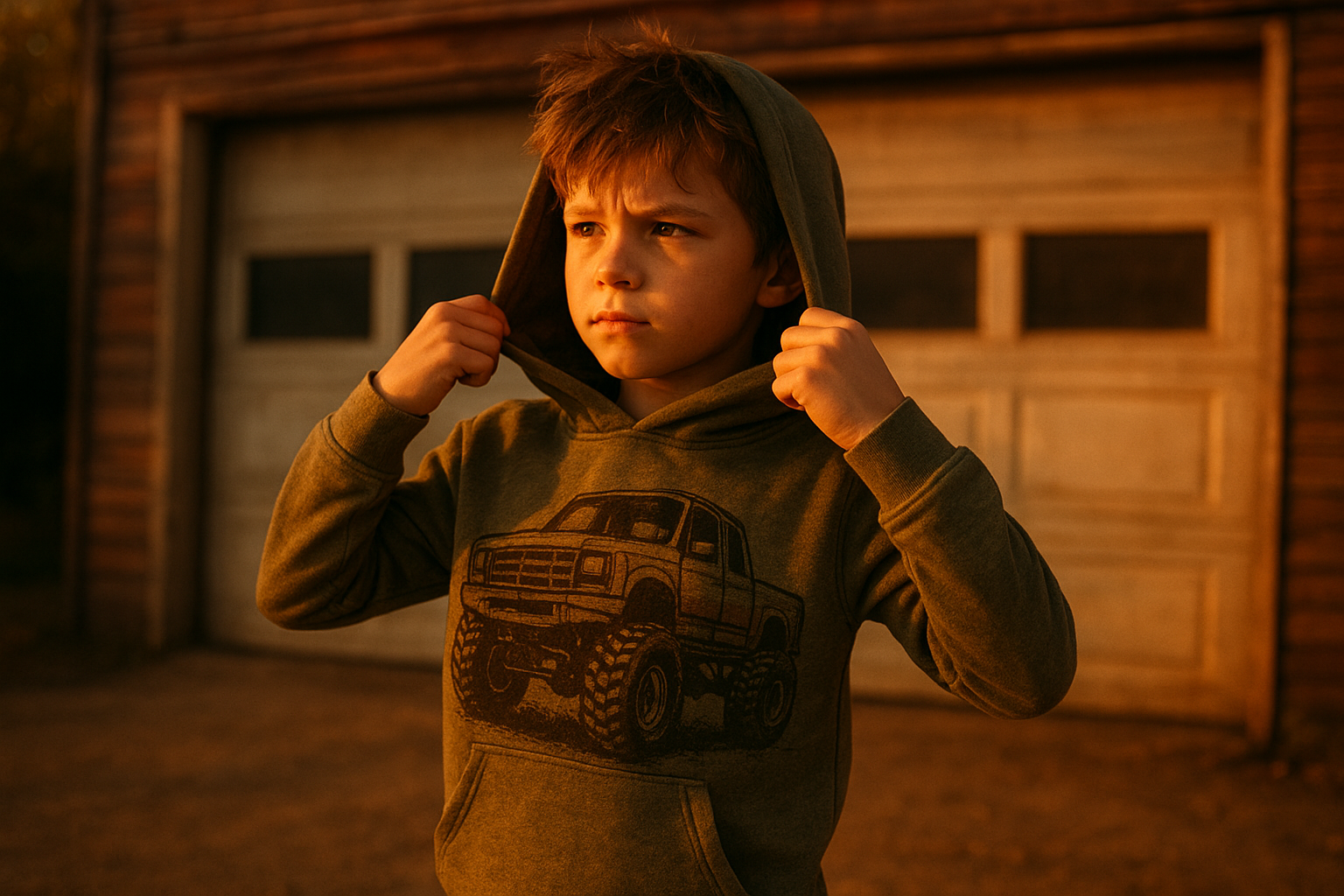 Boy putting on a rugged off-road themed children's hoodie before outdoor play