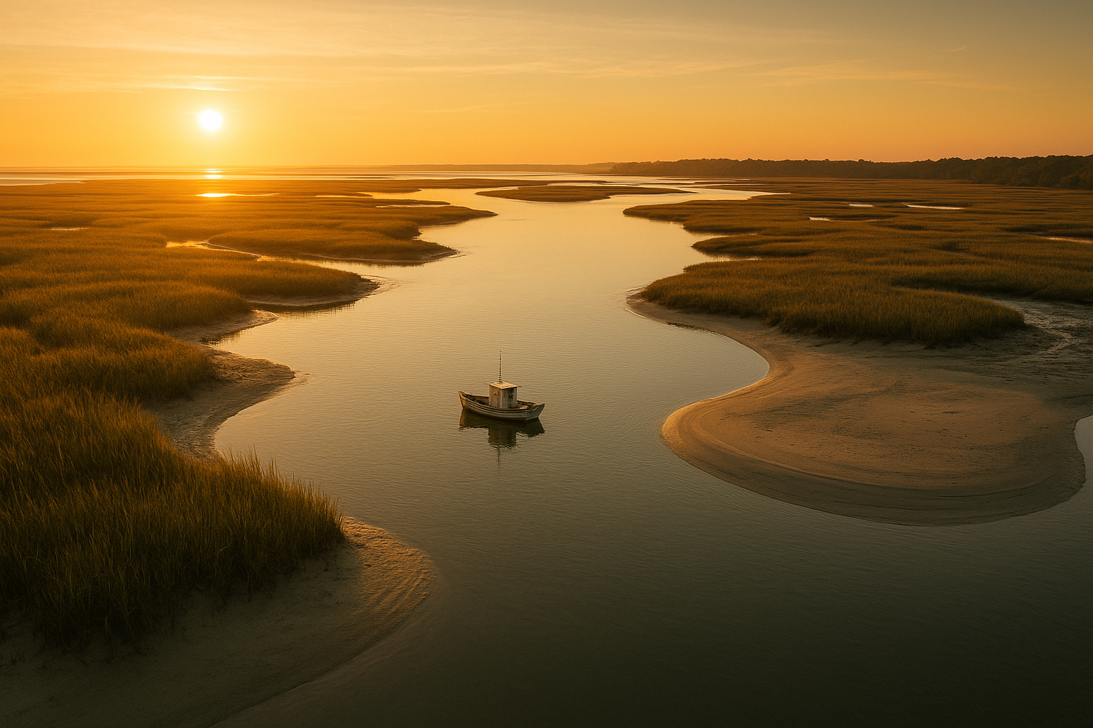 Aerial view of Cherry Grove Inlet at sunrise with a fishing boat near the channel