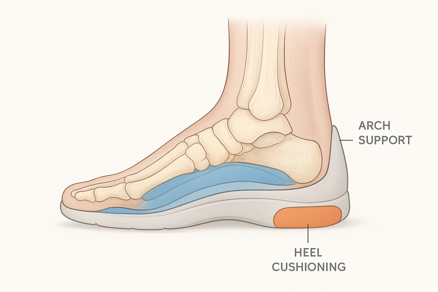 Diagram showing how arch support and heel cushioning in plantar fasciitis insoles reduce stress on the plantar fascia