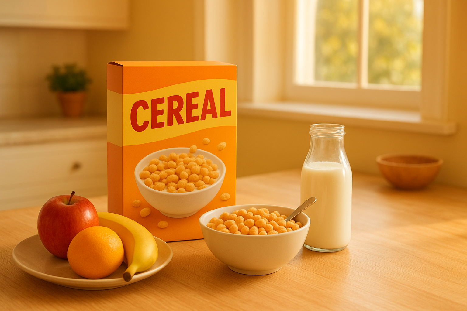 Family breakfast table with puffed cereal, milk, and fruit for a healthier morning meal