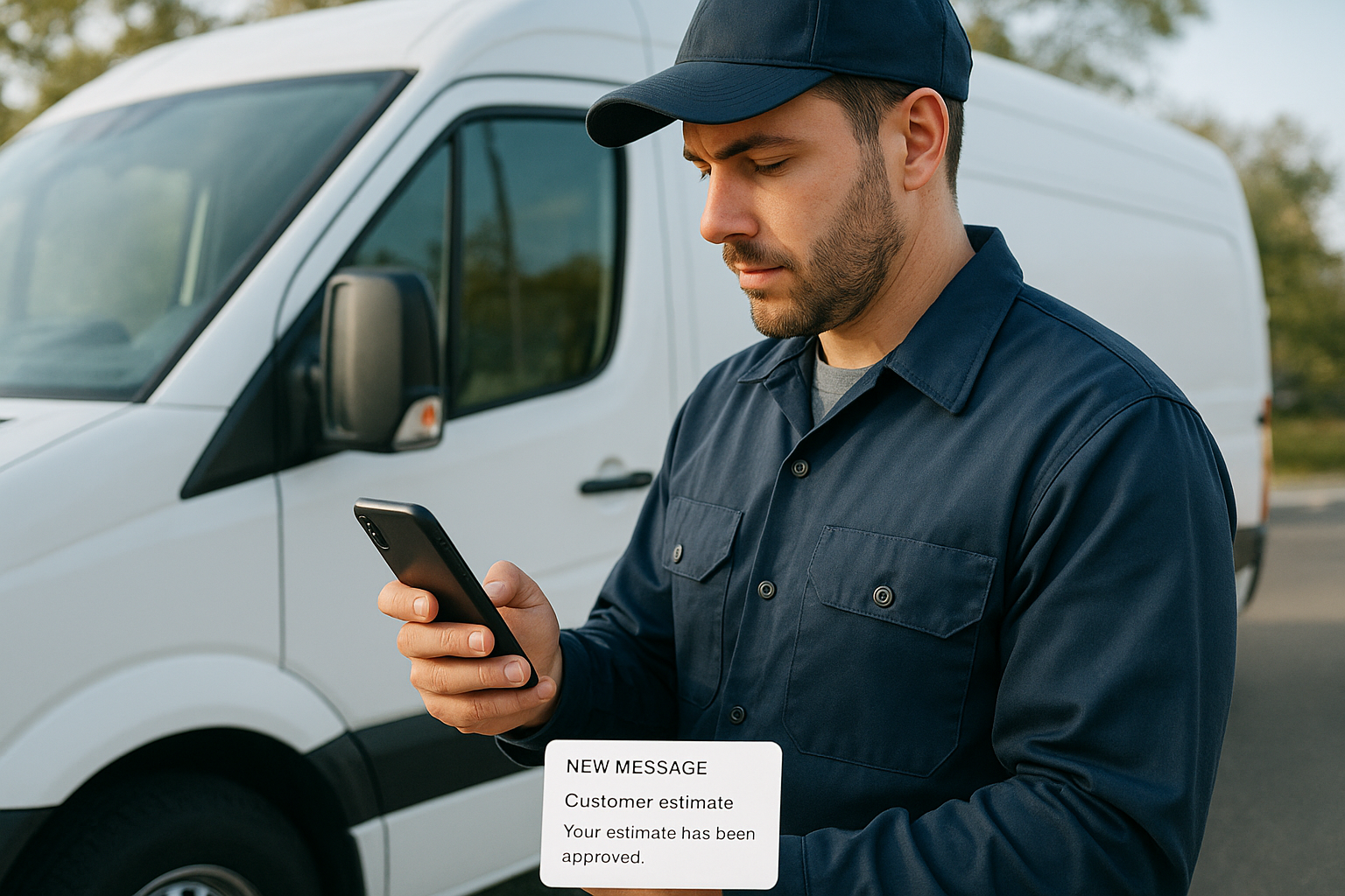 Technician checking a smartphone notification about an automated estimate update