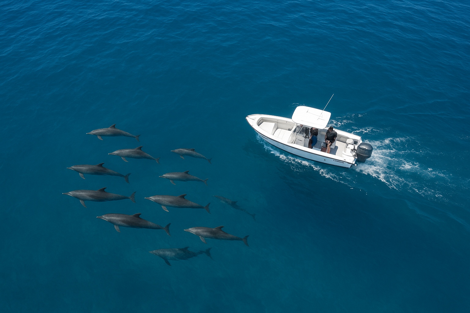 Dolphin pod swimming beside a small charter boat off the San Diego coast