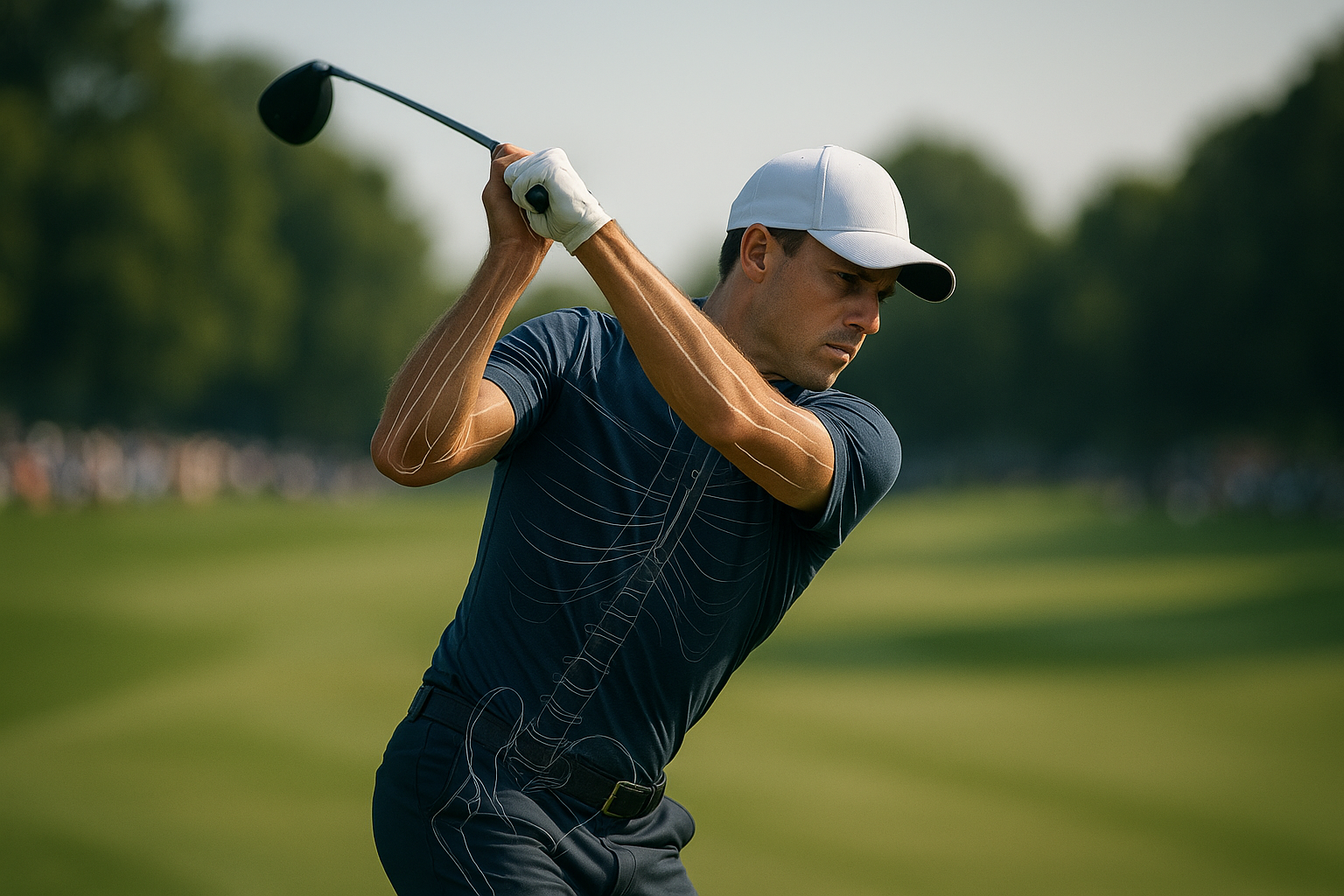 Competitive golfer demonstrating swing mechanics for competitive golfers during downswing