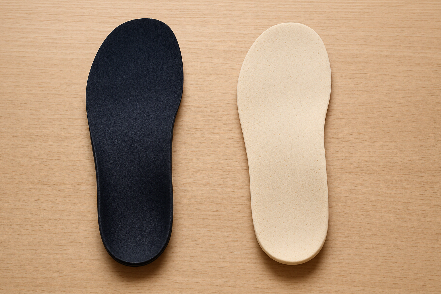 Custom orthotic next to an over-the-counter insole showing material and support differences