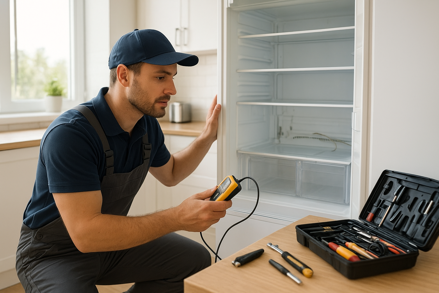 Technician performing appliance repair for multiple devices in a Santa Rosa home kitchen