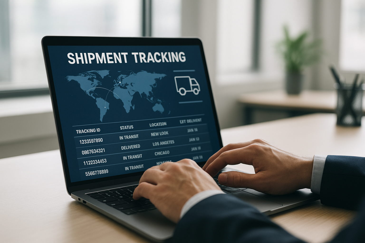 Logistics professional checking a shipment tracking dashboard on a laptop