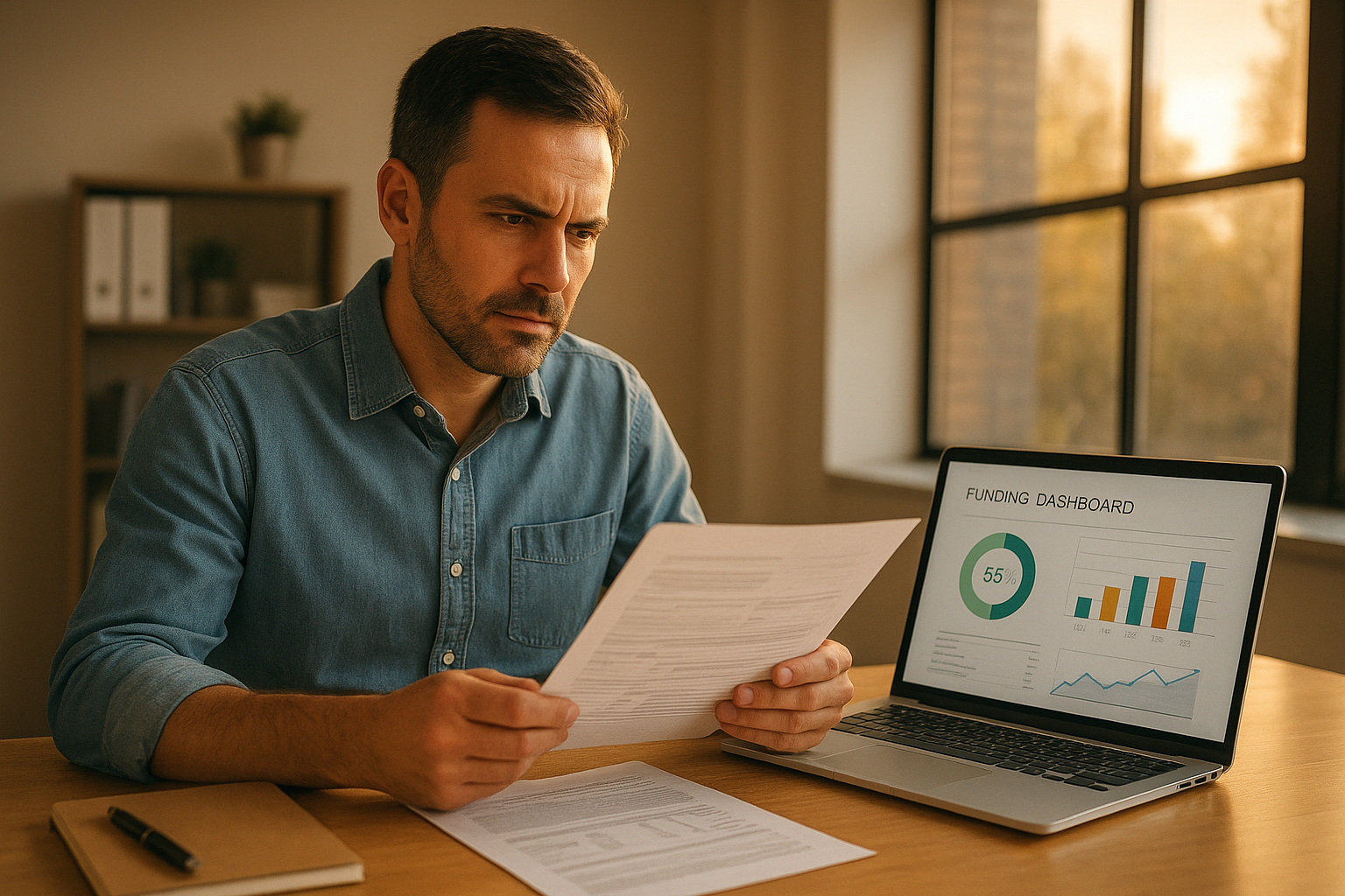 Small business owner reviewing alternative financing paperwork beside a laptop