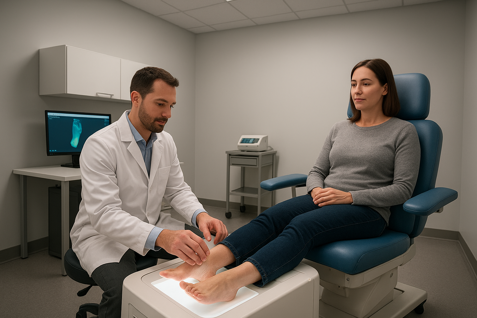 Podiatrist performing a 3D foot scan to create custom orthotic insoles for a recreational sports patient