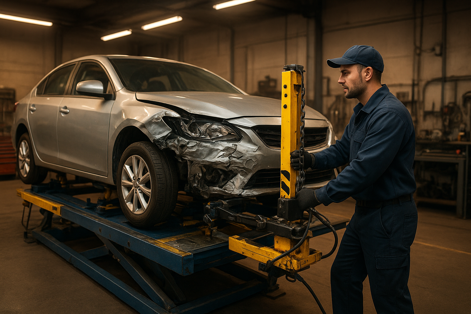 Auto body and frame repair technician straightening a vehicle frame in a professional shop