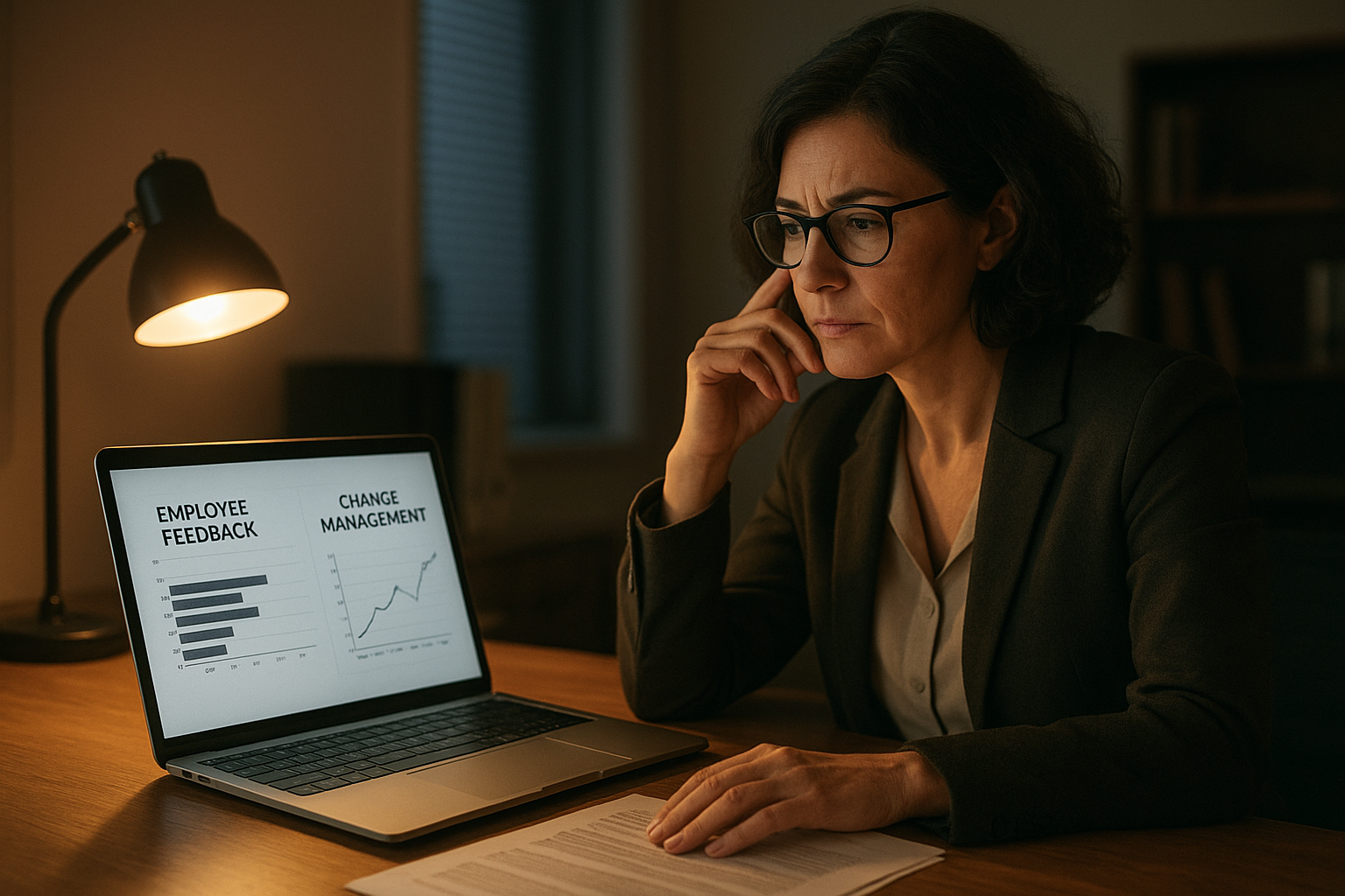 HR manager reviewing employee feedback during organizational change implementation