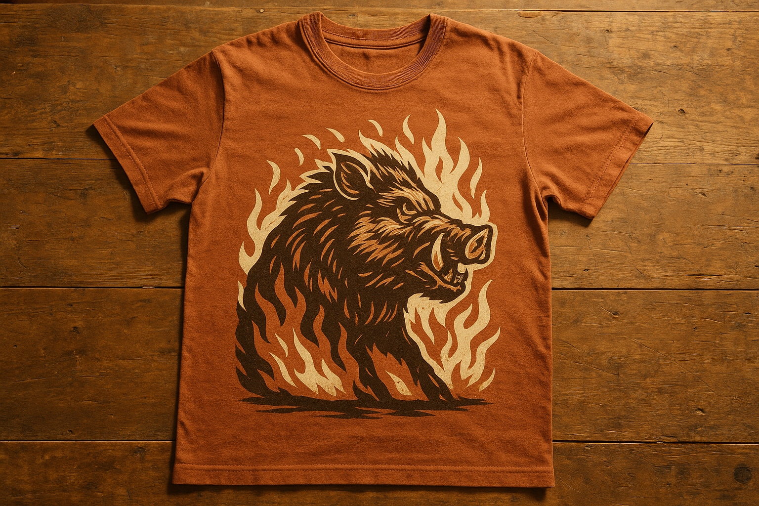 Bold graphic designs featured on a vintage-style custom t-shirt with a wild boar illustration