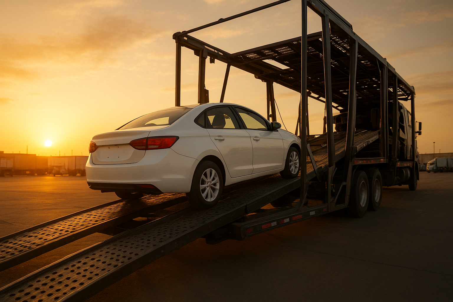 Car shipping process showing a sedan loaded onto an open car carrier trailer