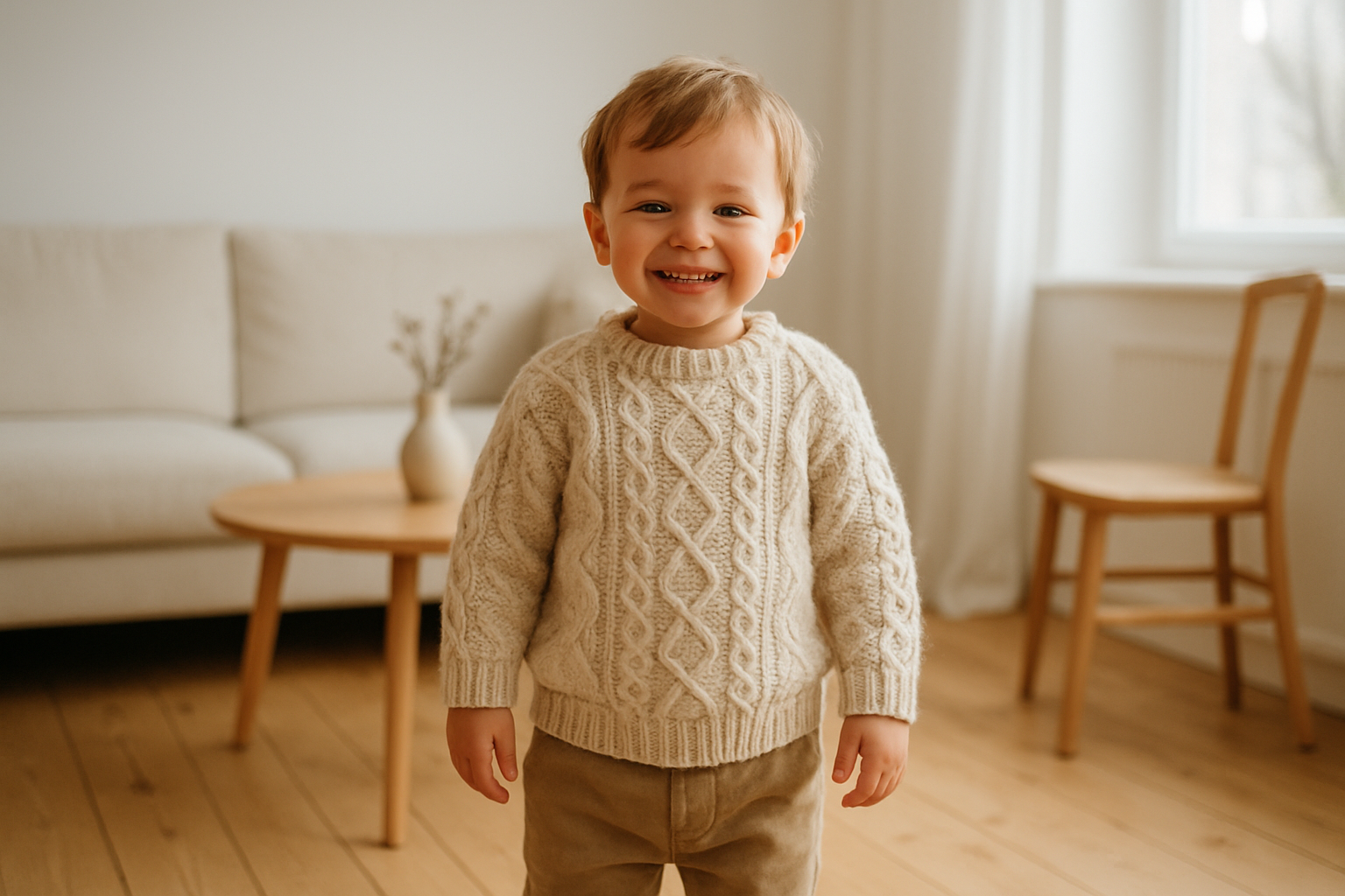 Young toddler wearing premium brand name kids clothing rental outfit in a bright modern living room