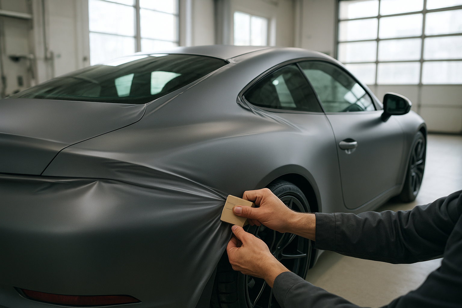 Technician applying a matte car wrap Orange County vehicle owners requested in a professional garage