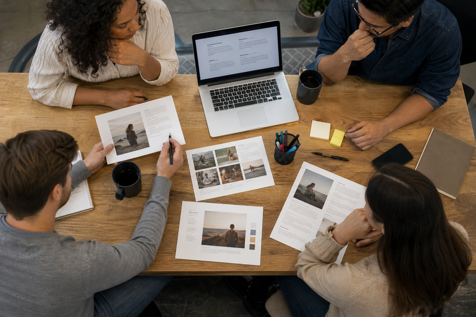 Marketing team reviewing finished campaign copy generated from competitor review research
