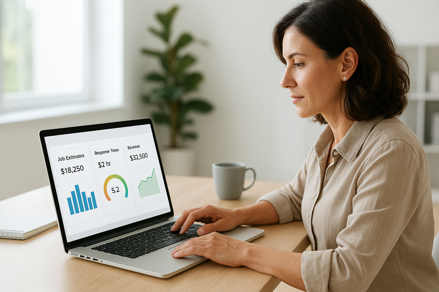 Business owner reviewing estimate response time metrics on an operational dashboard