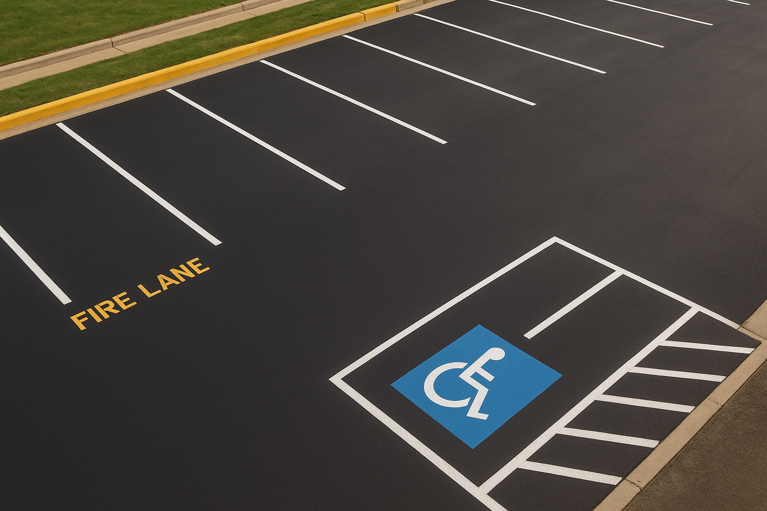 Safety markings for parking lots including ADA symbol and fire lane striping on fresh asphalt