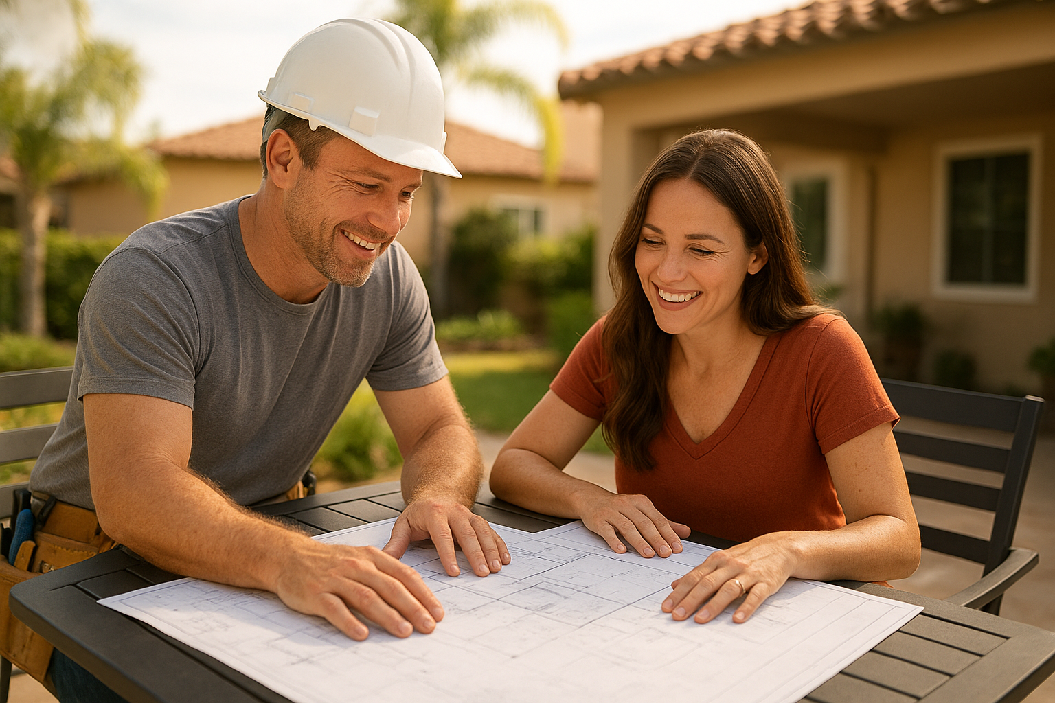 Homeowner reviewing ADU blueprints with a local ADU expert contractor at an outdoor meeting