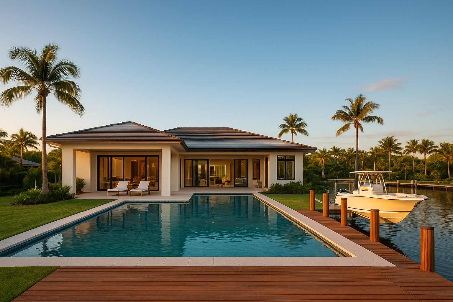 Modern waterfront home exterior representing a luxury Florida property listing