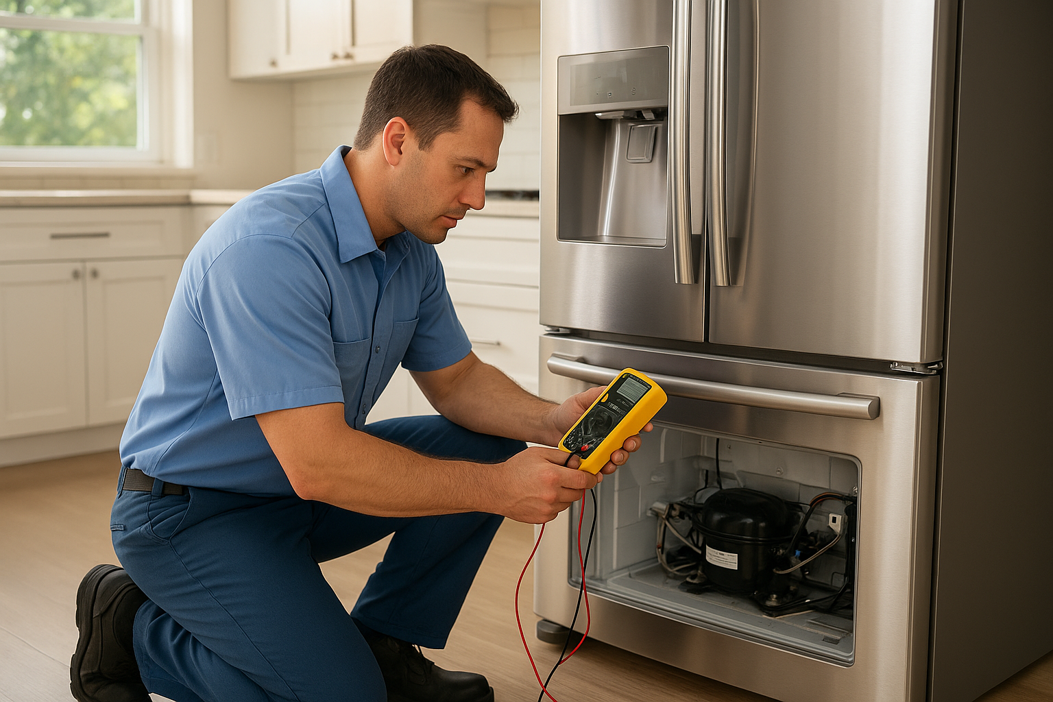 Technician performing reliable appliance repair on a refrigerator in a home kitchen