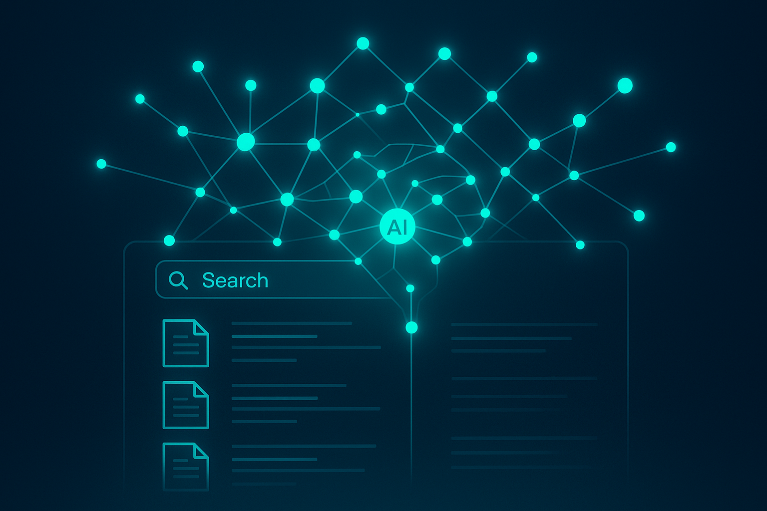 AI network connecting to search results representing AI-driven visibility optimization