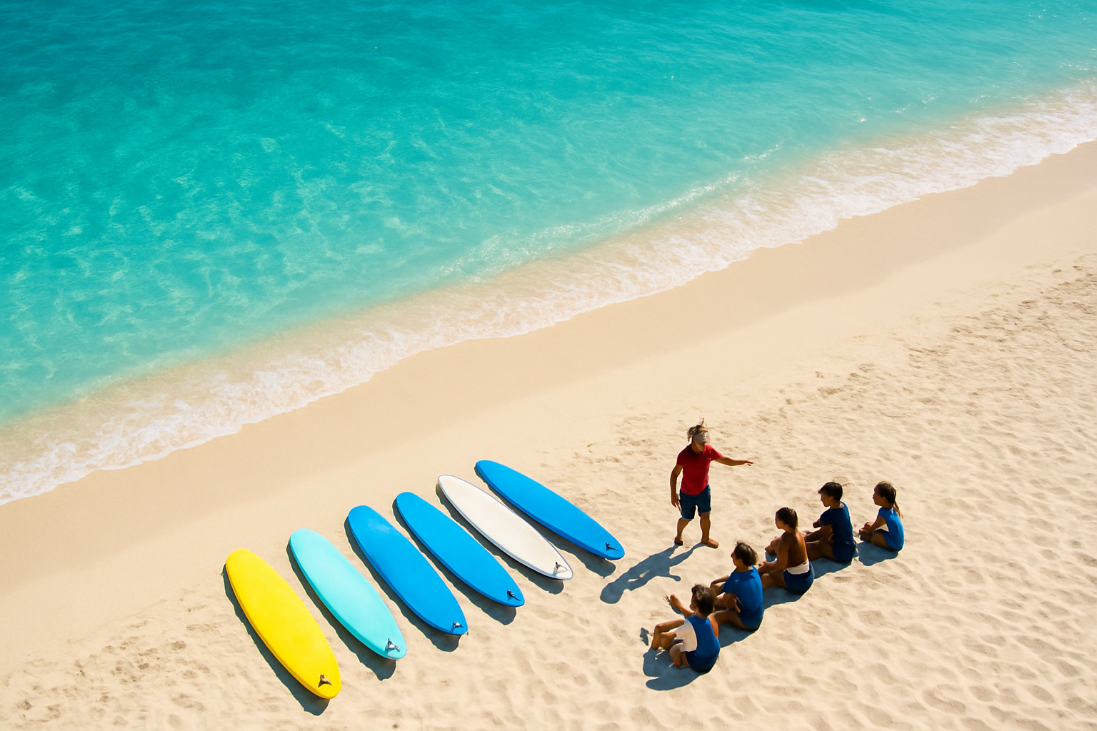 Aerial view of a surf school setup on a tropical beach with boards and students