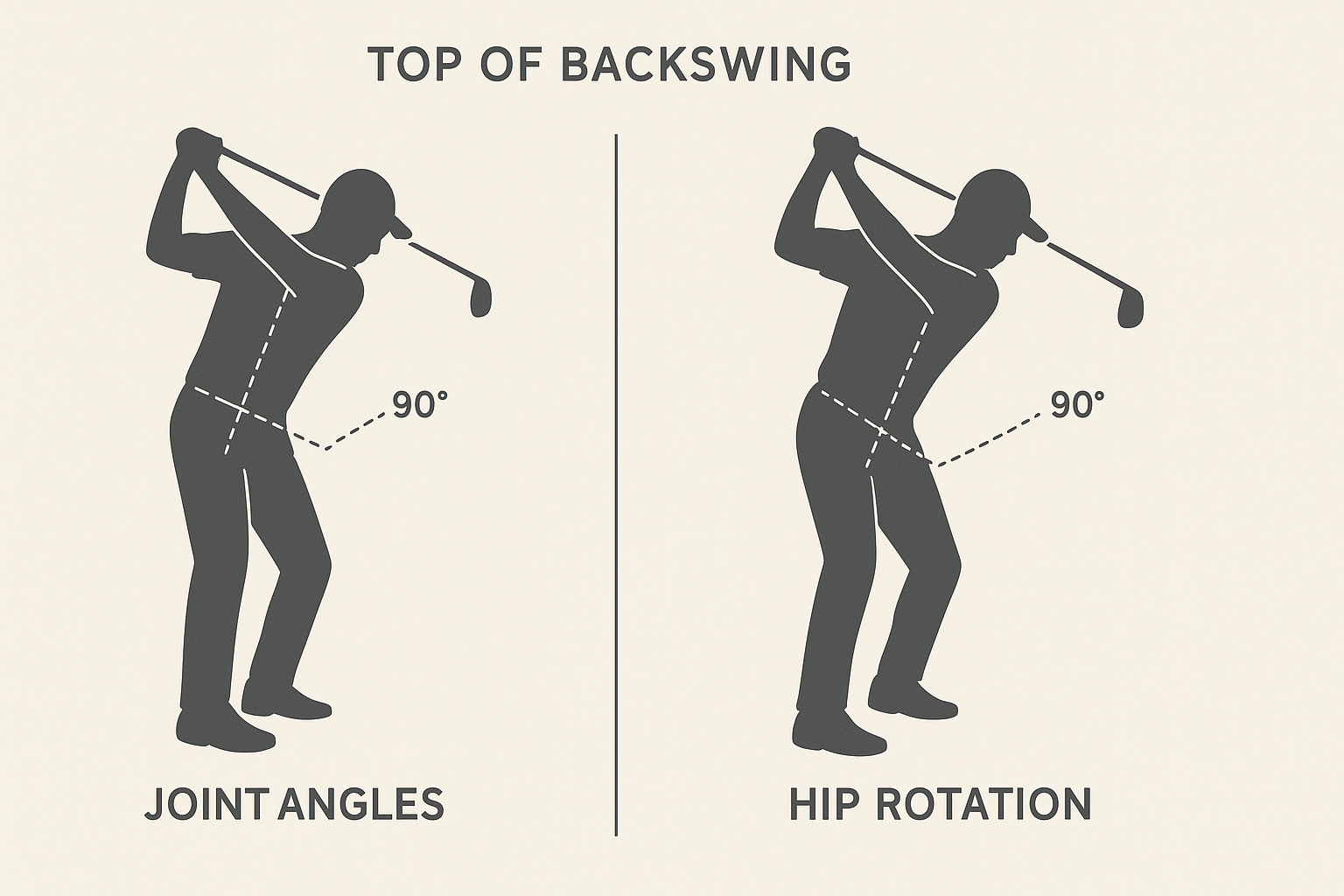 Diagram comparing joint angles and hip rotation during a golf swing for kinesiology-based coaching