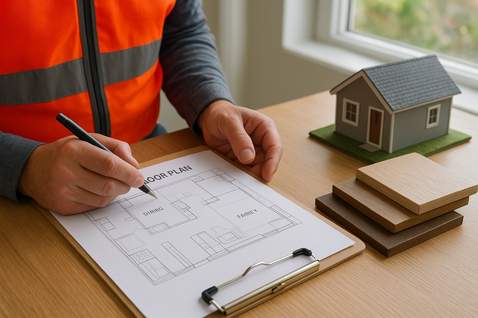 Contractor reviewing floor plans while planning a kitchen remodel for an ADU