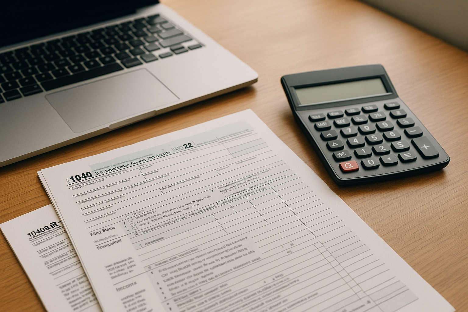 Tax forms and calculator on a desk during Minneapolis business tax preparation